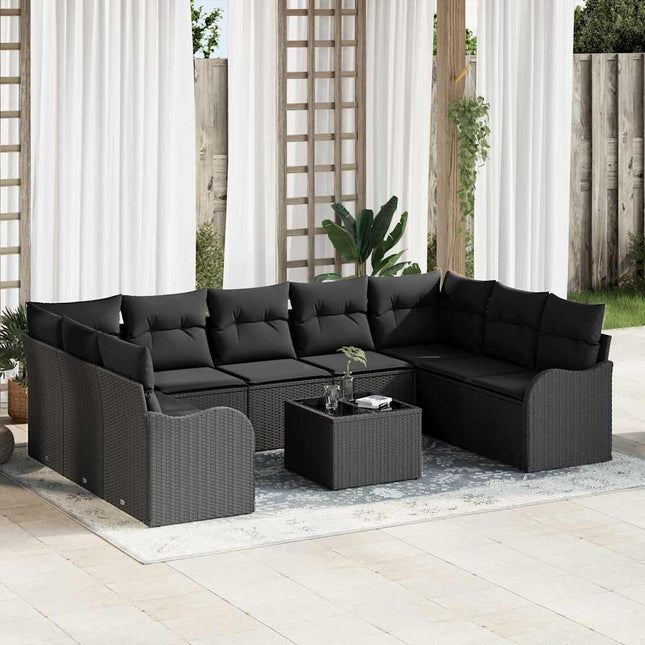 Havesofa Sæt med pude 10 pcs Sort Poly rattan