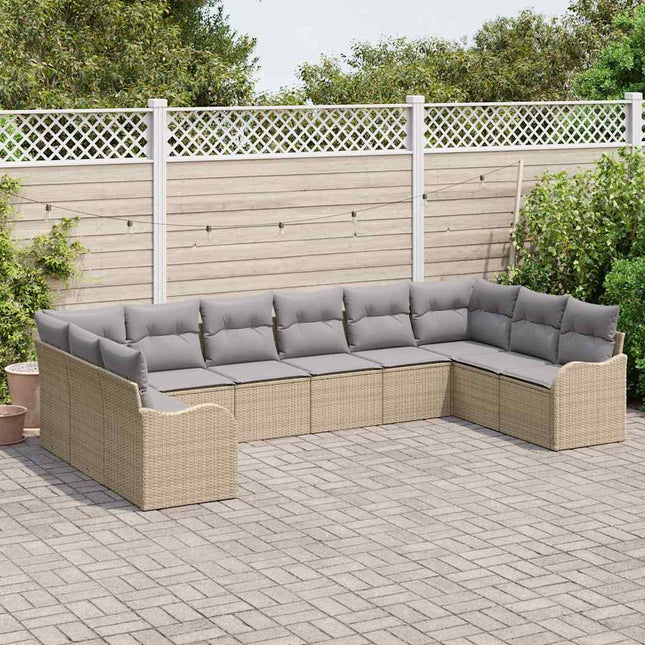 Havesofa Sæt med opbevaring 10 pcs beige og lysegrå polyrattan
