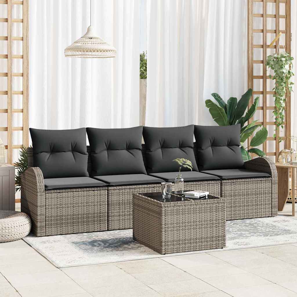 Havesofa Sæt med pude 5 pcs Grå Polyrattan og stål og glas