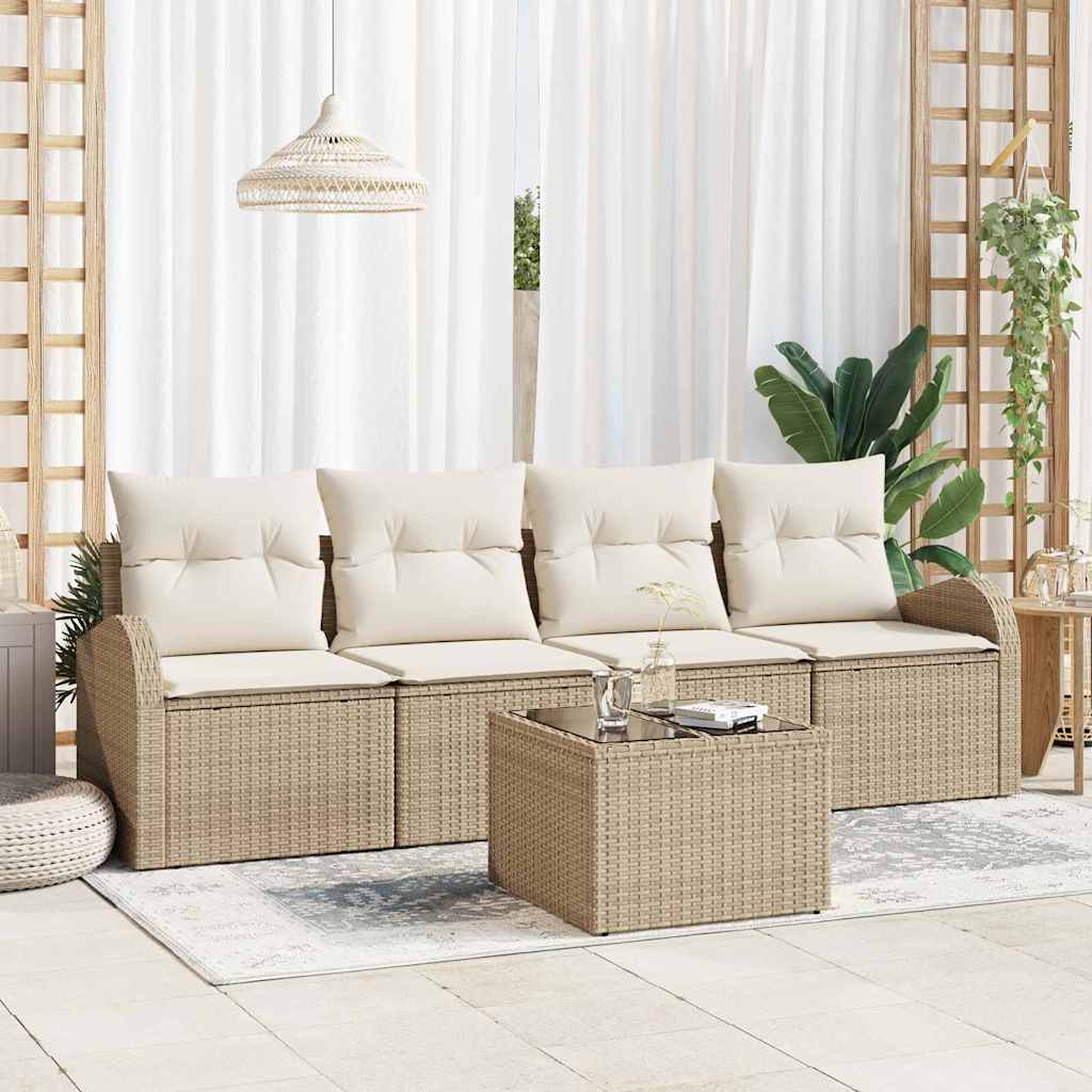 Havesofa Sæt 5 pcs Beige og creme Polyrattan og stål og glas