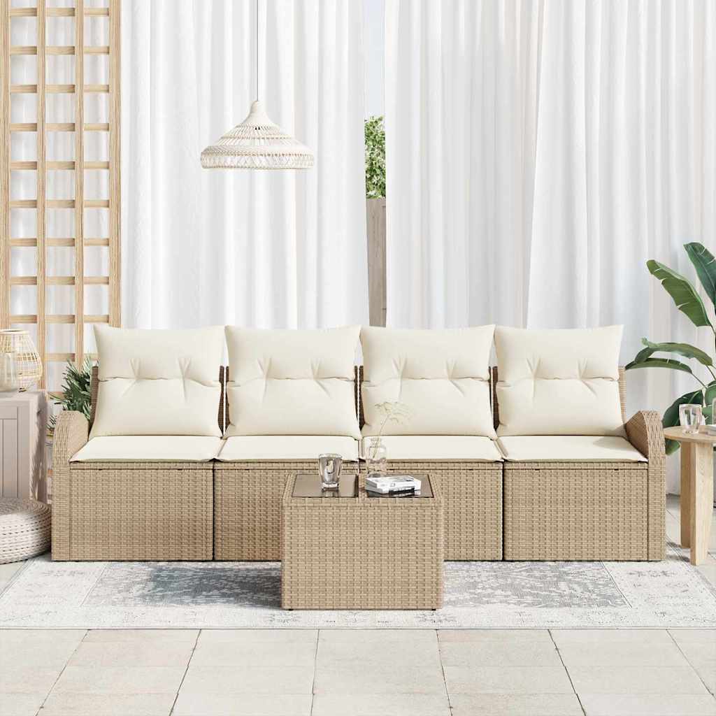 Havesofa Sæt 5 pcs Beige og creme Polyrattan og stål og glas