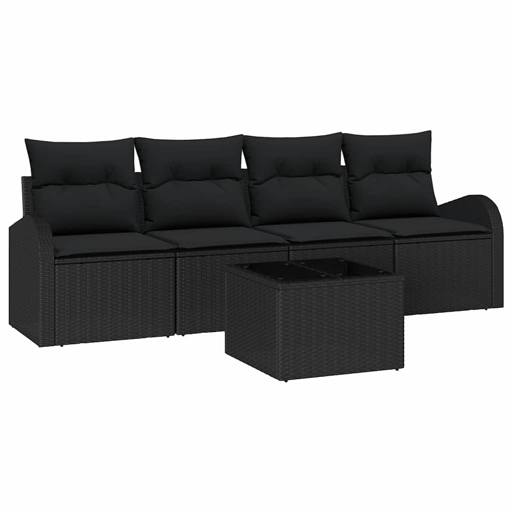 Havesofa Sæt med pude 5 pcs Sort Polyrattan og stål og glas