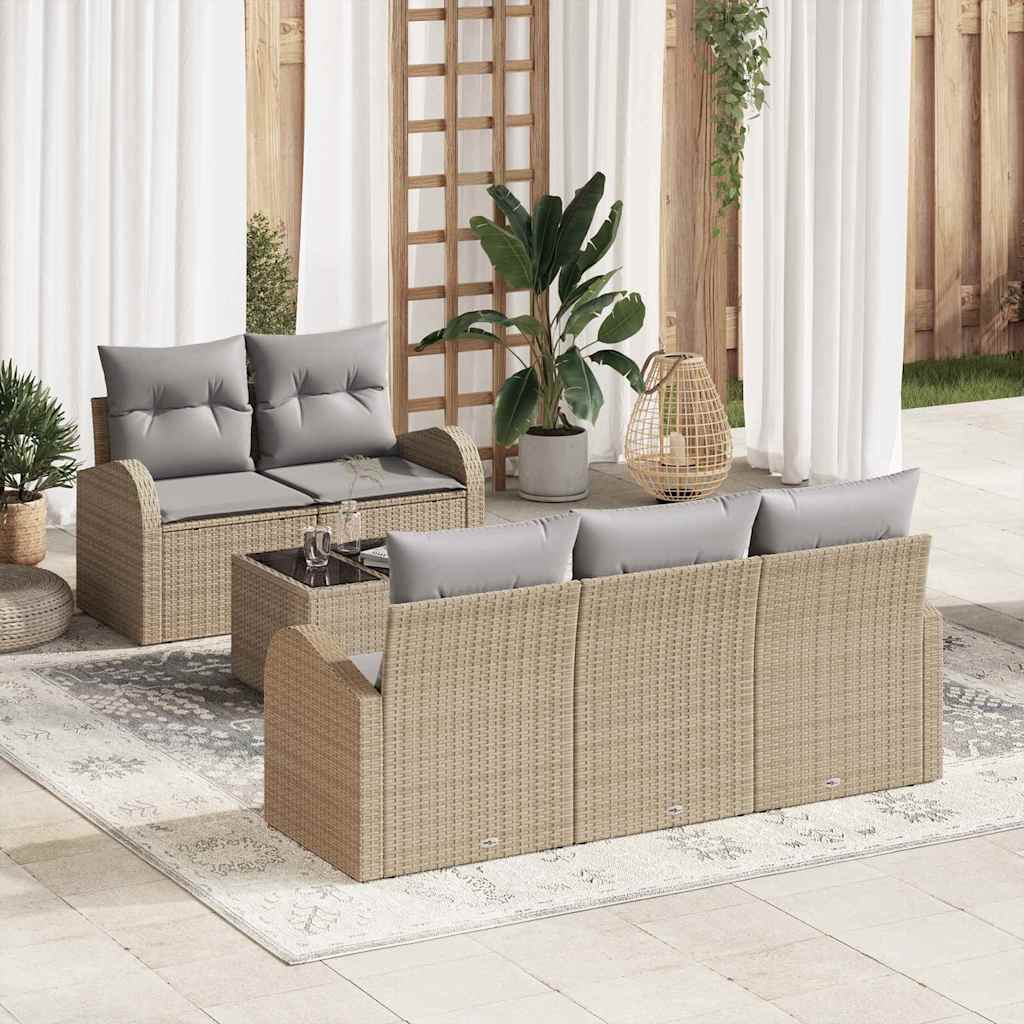 Havesofa Sæt 6 pcs Beige og grå Polyrattan og stål og glas