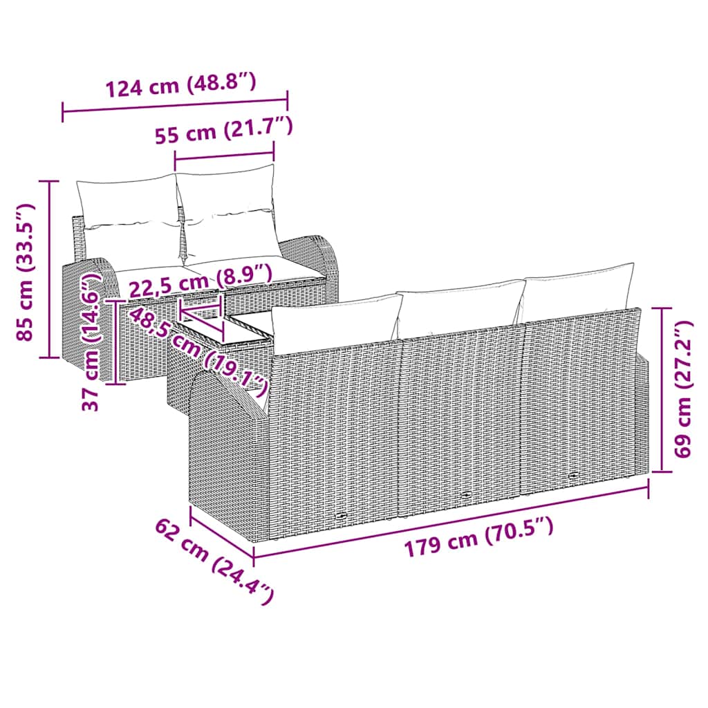 Havesofa Sæt 6 pcs Beige og grå Polyrattan og stål og glas