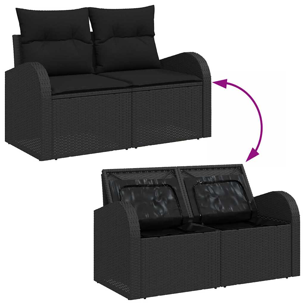 Havesofa Sæt med opbevaring med pude 6 pcs Sort polyrattan