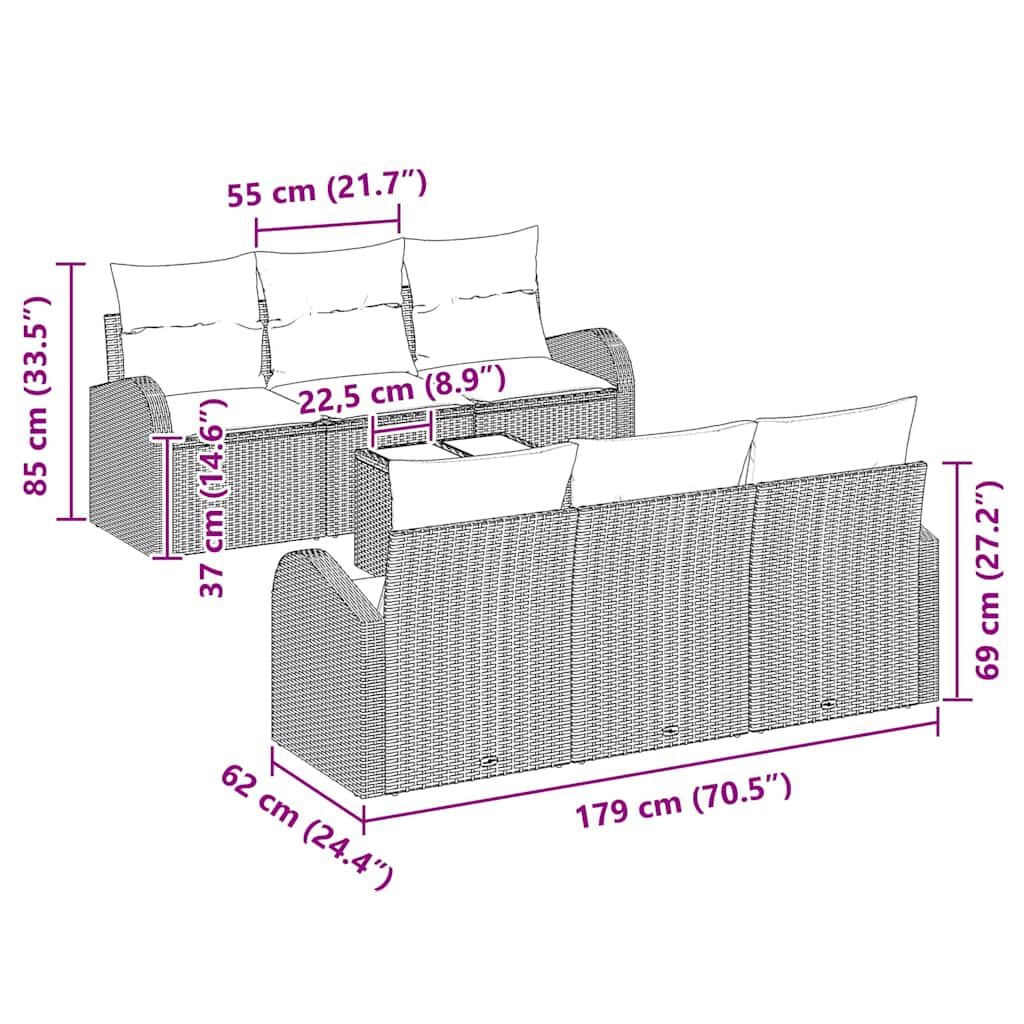 Havesofa Sæt med pude 7 pcs Sort Polyrattan og stål og glas