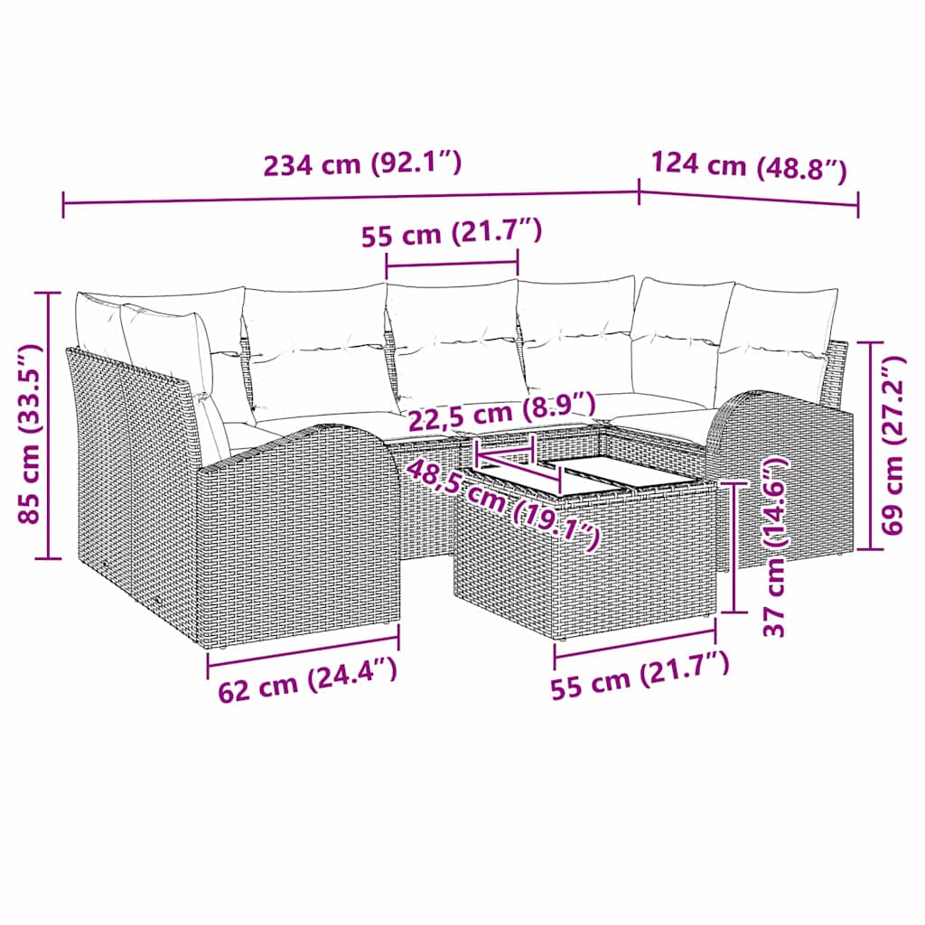 Havesofa Sæt 7 pcs Sort og Cream Polyrattan og stål og glas