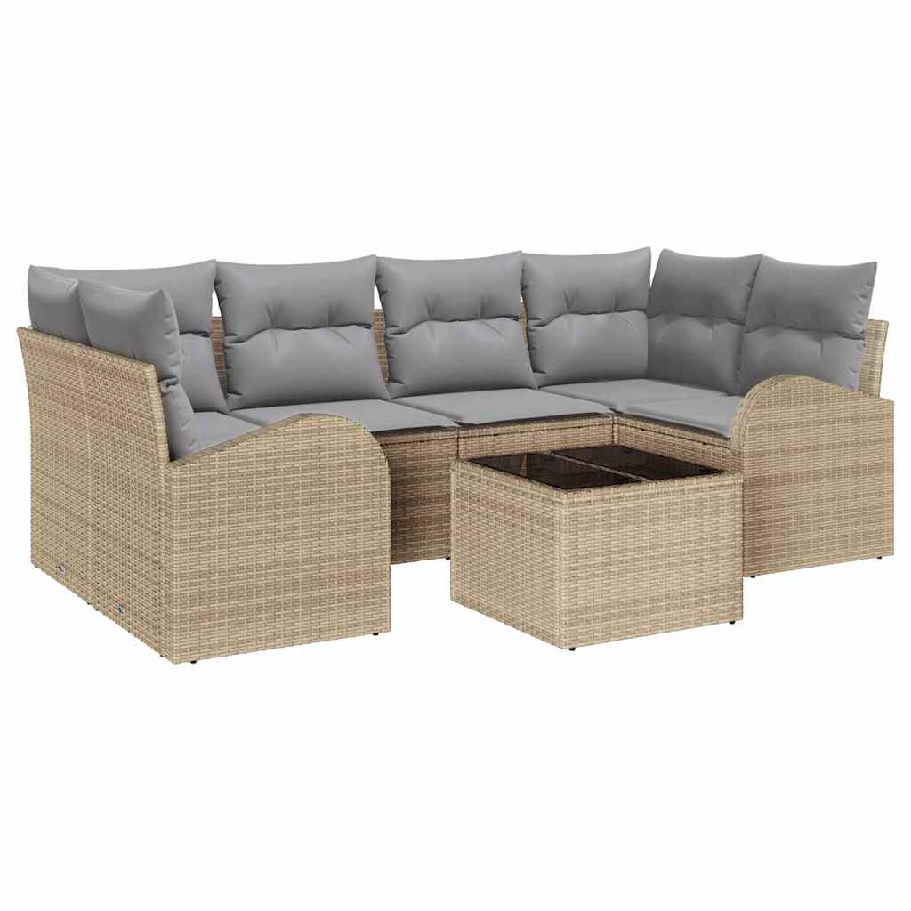 Havesofa Sæt 7 pcs Beige og grå Polyrattan og stål og glas