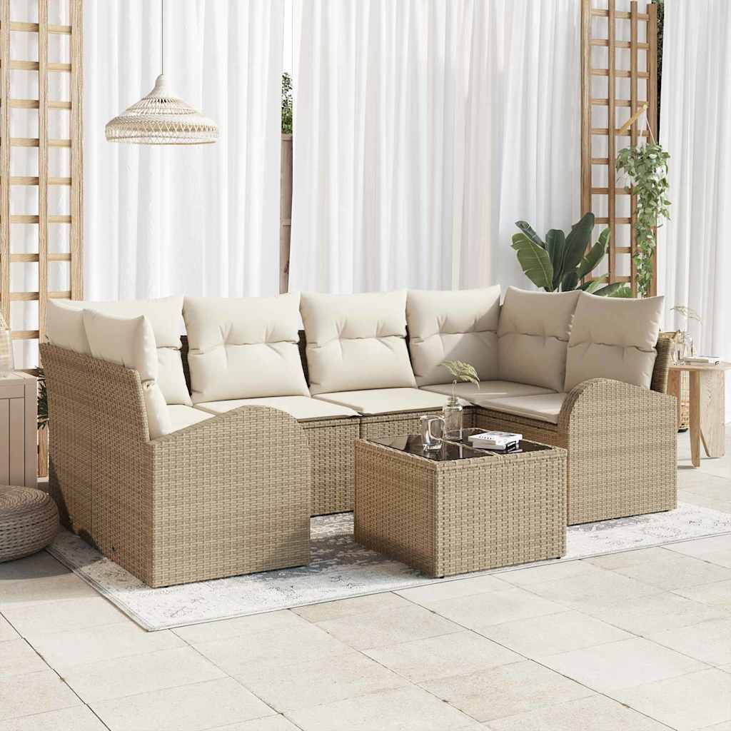 Havesofa Sæt 7 pcs Beige og creme Polyrattan og stål og glas