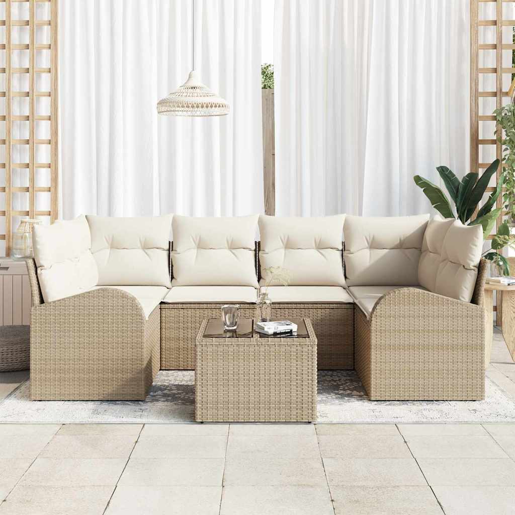 Havesofa Sæt 7 pcs Beige og creme Polyrattan og stål og glas