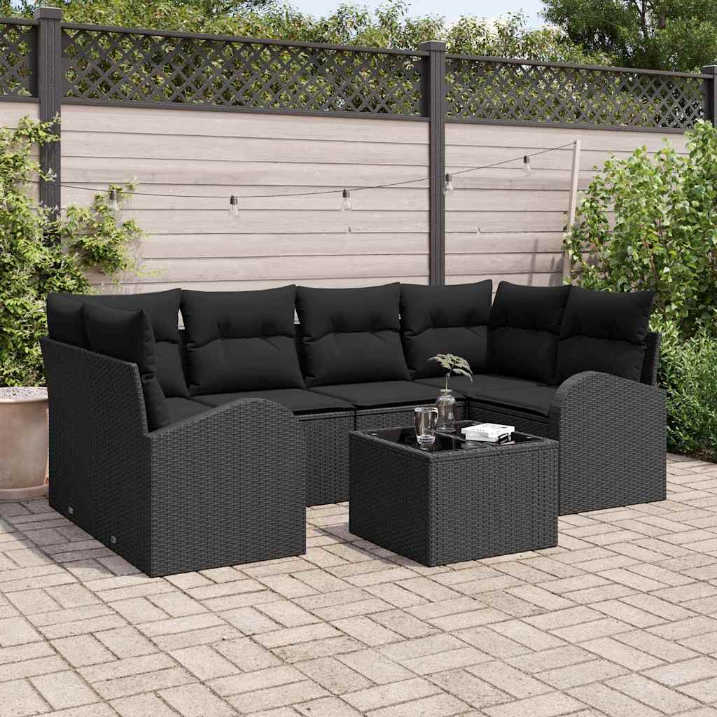 Havesofa Sæt med pude 7 pcs Sort Polyrattan og stål og glas
