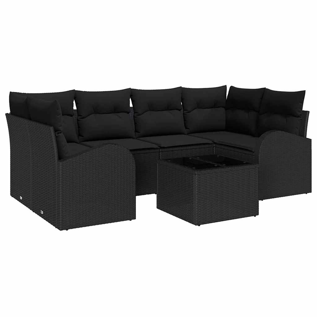 Havesofa Sæt med pude 7 pcs Sort Polyrattan og stål og glas