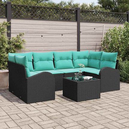 Havesofa Sæt 7 stk. 6-Antal sæder Sort og turkis polyrattan