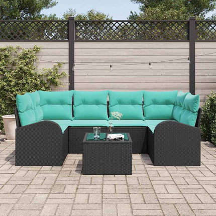 Havesofa Sæt 7 stk. 6-Antal sæder Sort og turkis polyrattan