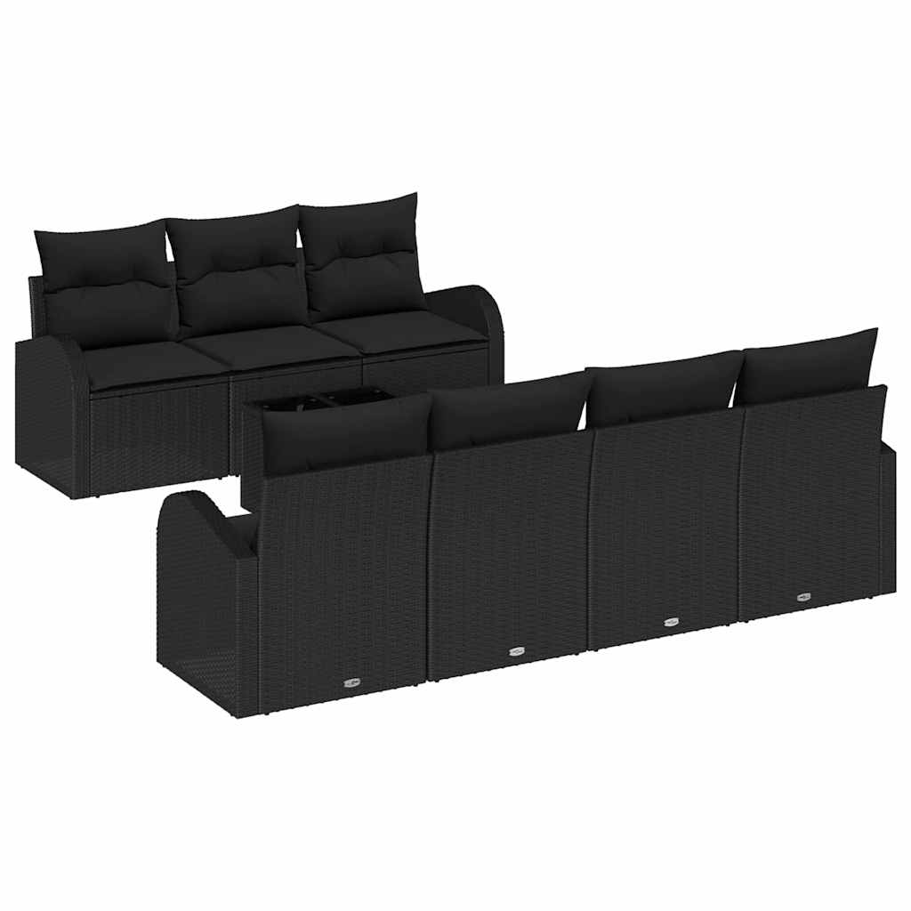 Havesofa Sæt med pude 8 pcs Sort Polyrattan og stål og glas