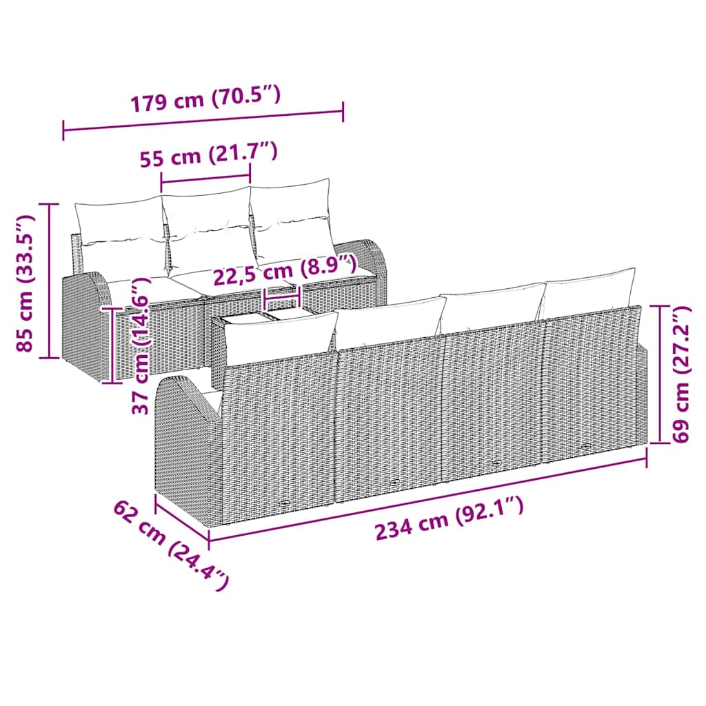 Havesofa Sæt med pude 8 pcs Sort Polyrattan og stål og glas