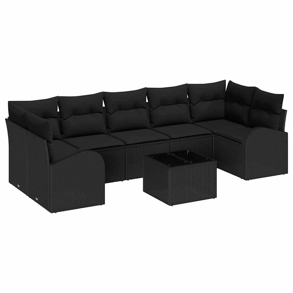 Havesofa Sæt med pude 8 pcs Sort Polyrattan og stål og glas