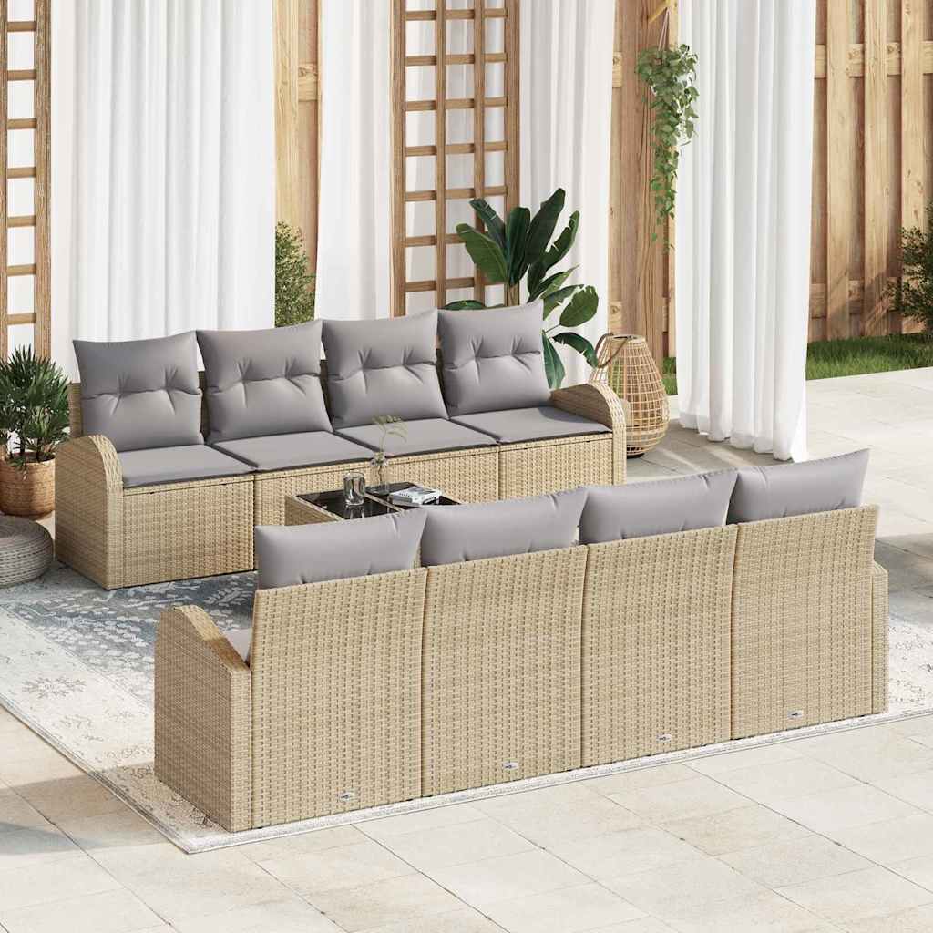 Havesofa Sæt 9 pcs Beige og grå Polyrattan og stål og glas