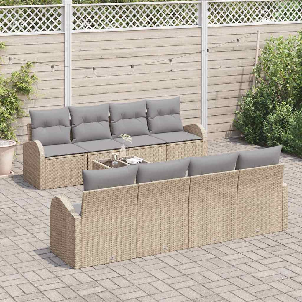 Havesofa Sæt 9 pcs Beige og grå Polyrattan og stål og glas