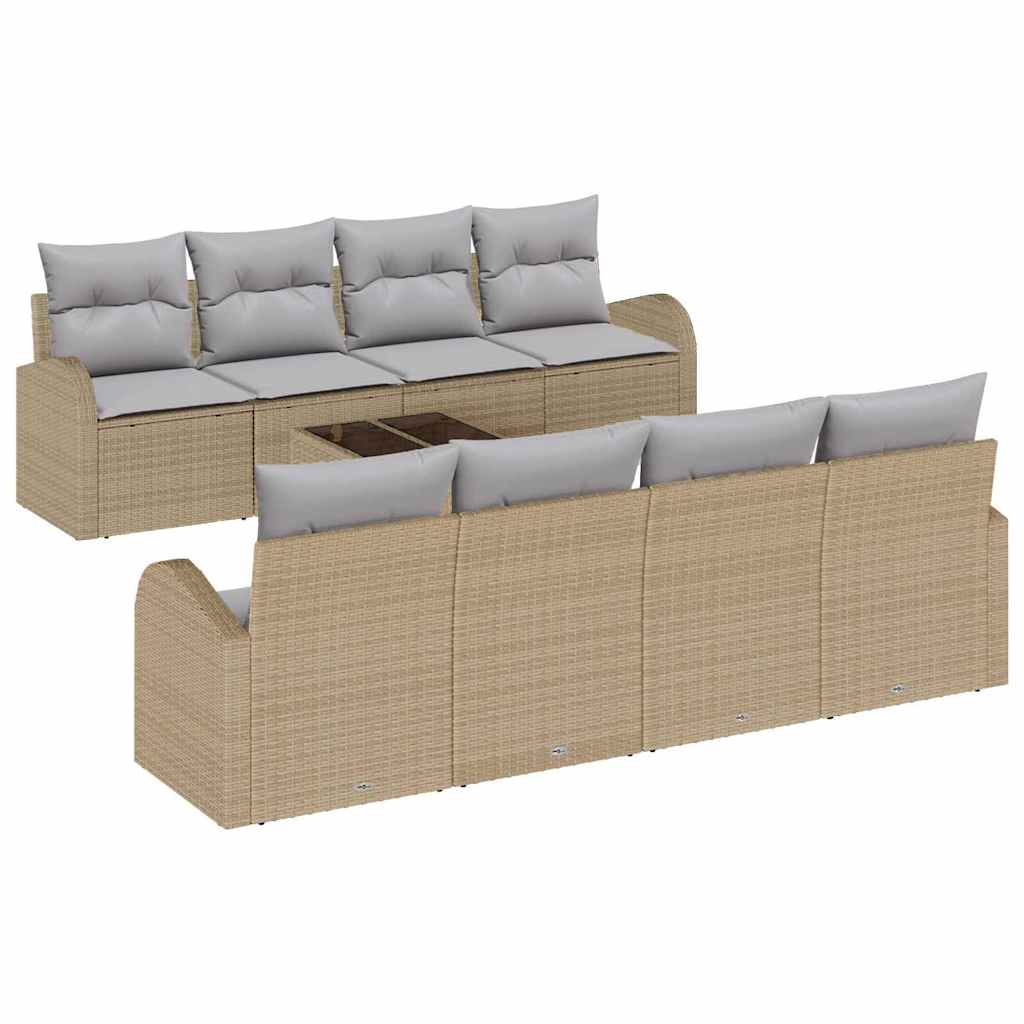 Havesofa Sæt 9 pcs Beige og grå Polyrattan og stål og glas