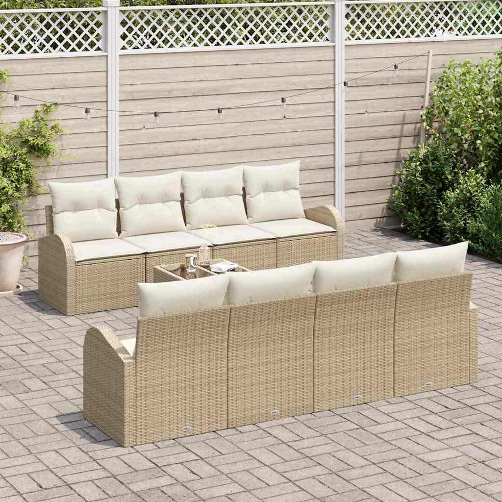 Havesofa Sæt 9 pcs Beige og creme Polyrattan og stål og glas