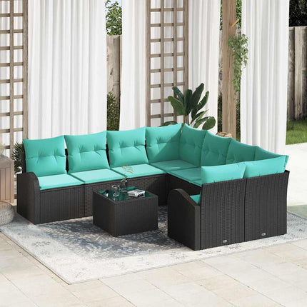Sofa Sæt med pude 9 pcs Sort og turkis polyrattan