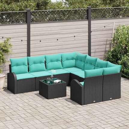 Sofa Sæt 9 stk. 8-Antal sæder Sort og turkis polyrattan