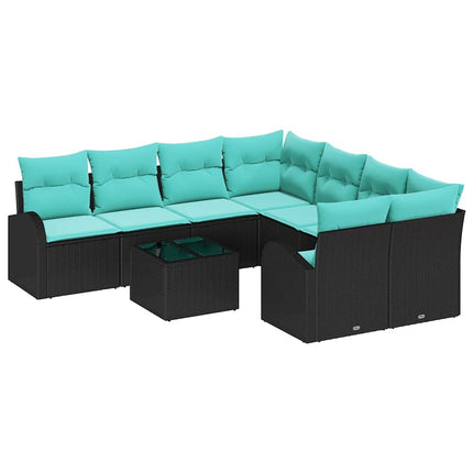 Sofa Sæt 9 stk. 8-Antal sæder Sort og turkis polyrattan