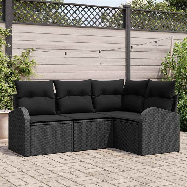 Havesofa Sæt med pude med opbevaring 4 pcs Sort polyrattan