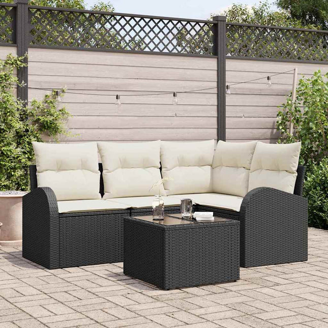 Havesofa Sæt med pude 5 pcs Sort og Hvid polyrattan