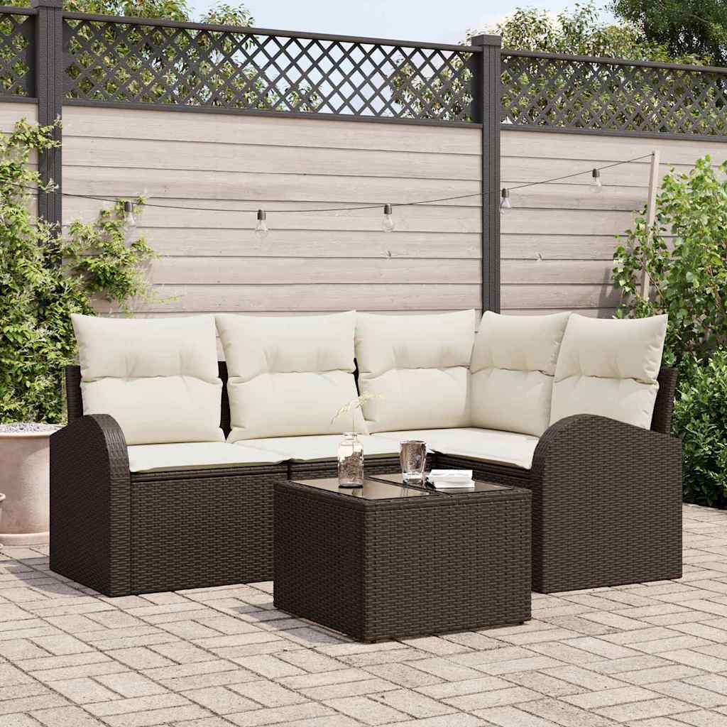 Havesofa Sæt med pude 5 pcs Brun og hvid polyrattan