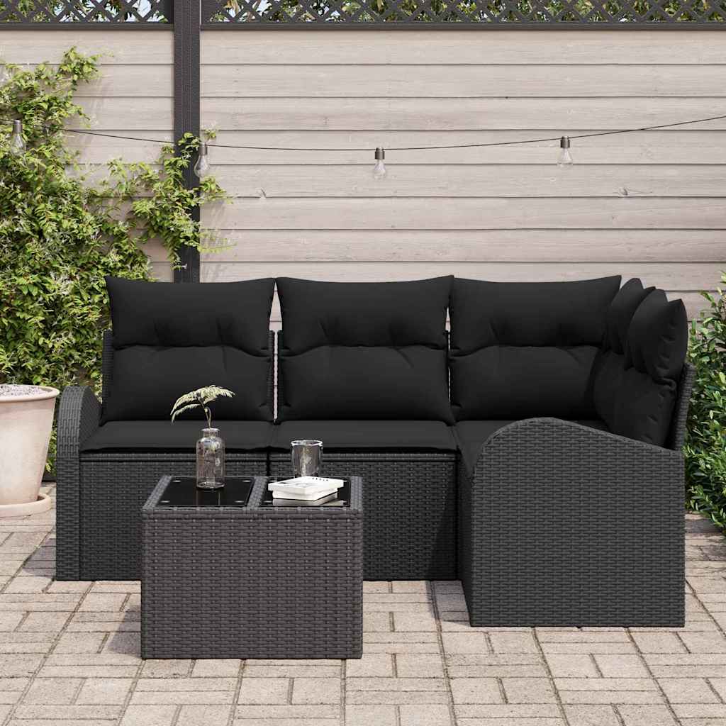 Havesofa Sæt med pude med opbevaring 5 pcs Sort polyrattan