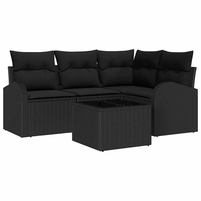 Havesofa Sæt med pude med opbevaring 5 pcs Sort polyrattan