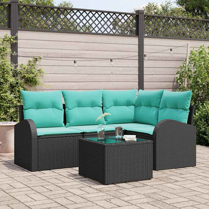 Havesofa Sæt med pude 5 pcs Sort og turkis polyrattan
