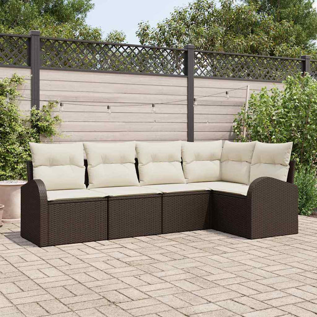 Havesofa Sæt med pude 5 pcs Brun og hvid polyrattan