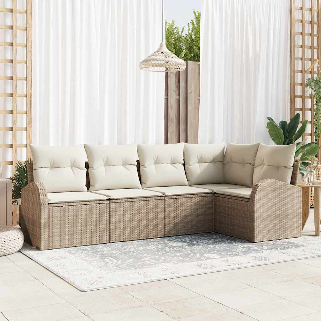 Havesofa Sæt med pude 5 pcs Beige og hvid polyrattan
