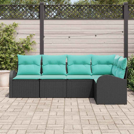 Havesofa Sæt med pude 5 pcs Sort og turkis polyrattan