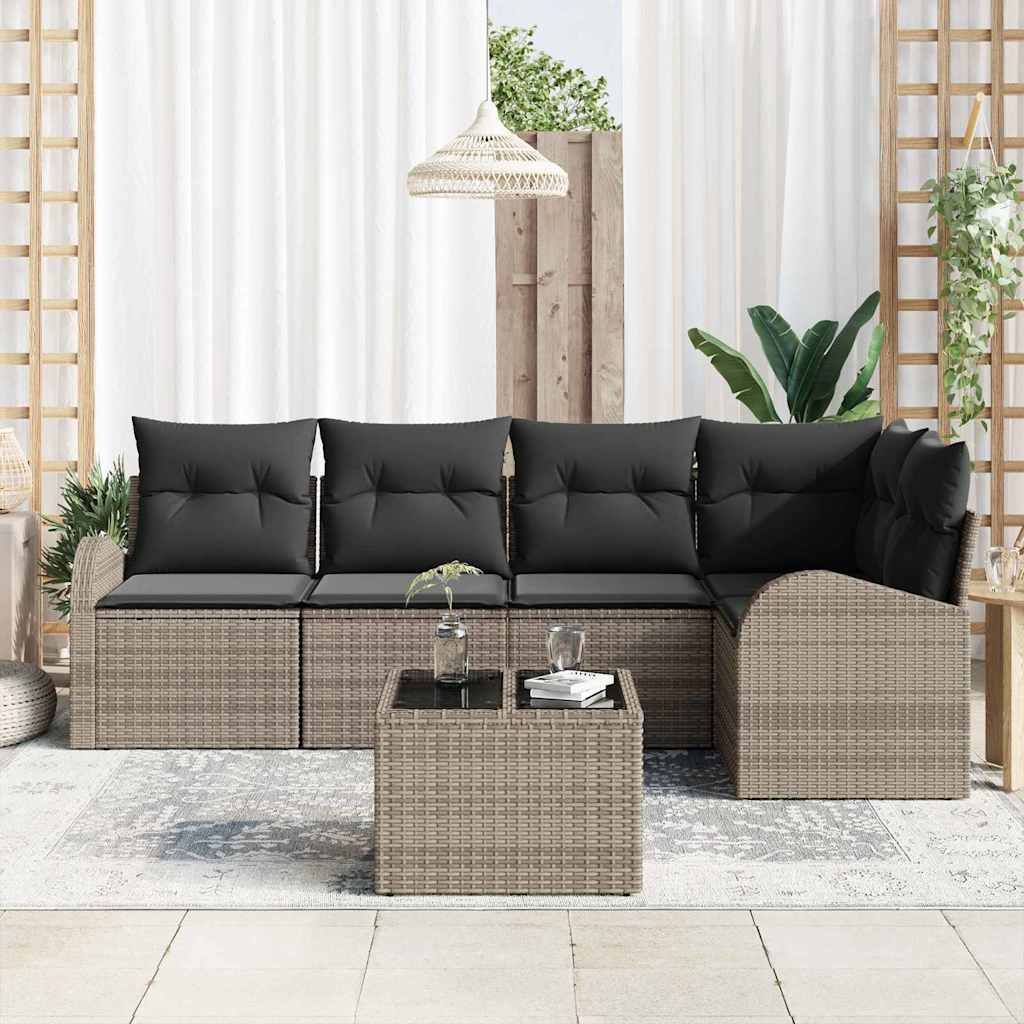 Havesofa Sæt med pude med opbevaring 6 pcs Grå polyrattan