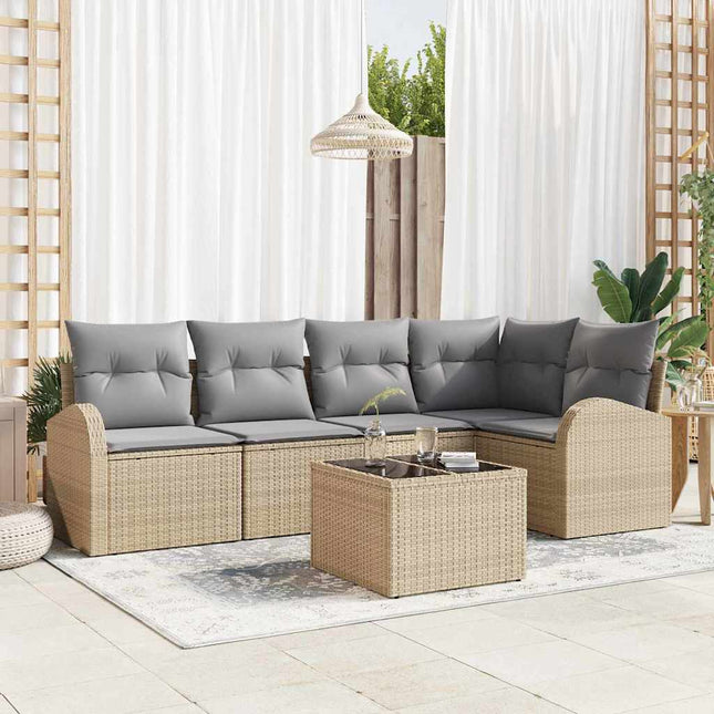 Havesofa Sæt med pude 6 pcs Beige og lysegrå polyrattan