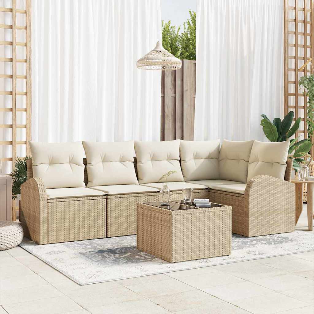 Havesofa Sæt med pude 6 pcs Beige og hvid polyrattan