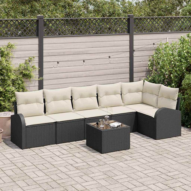 Havesofa Sæt med pude 7 pcs Sort og Hvid polyrattan