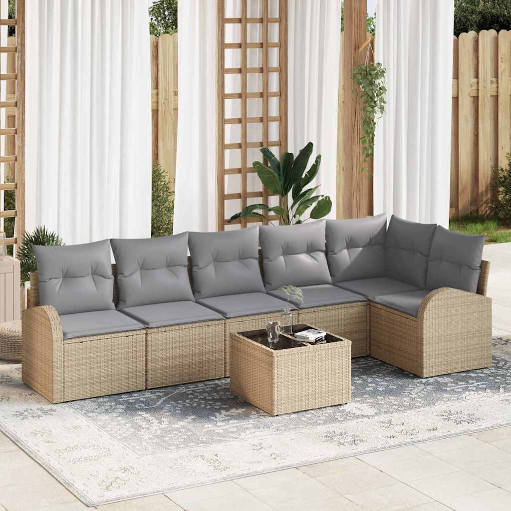 Havesofa Sæt med pude 7 pcs Beige og lysegrå polyrattan