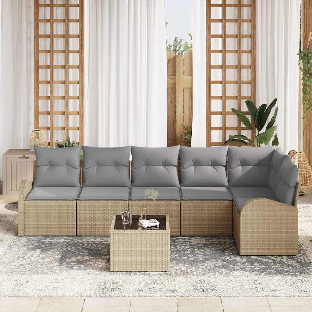 Havesofa Sæt med pude 7 pcs Beige og lysegrå polyrattan