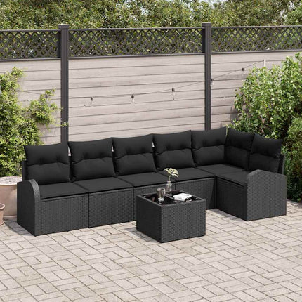 Havesofa Sæt med pude med opbevaring 7 pcs Sort polyrattan