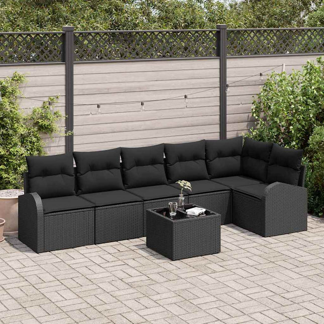 Havesofa Sæt med pude med opbevaring 7 pcs Sort polyrattan