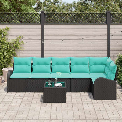 Havesofa Sæt med pude 7 pcs Sort og turkis polyrattan