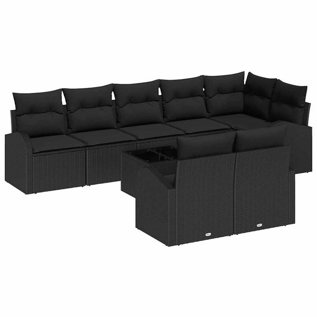 Havesofa Sæt med pude med opbevaring 9 pcs Sort polyrattan