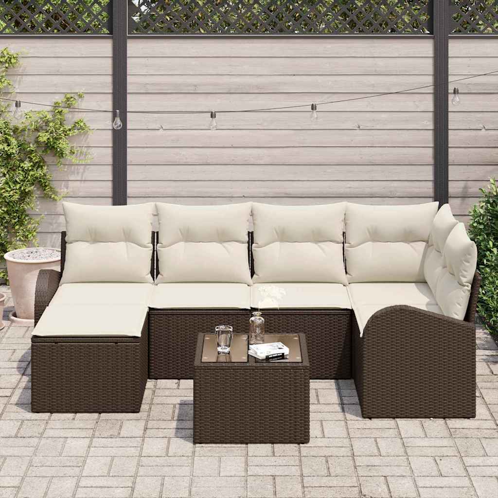 Sofa Sæt med pude med opbevaring 7 pcs Brun og hvid polyrattan