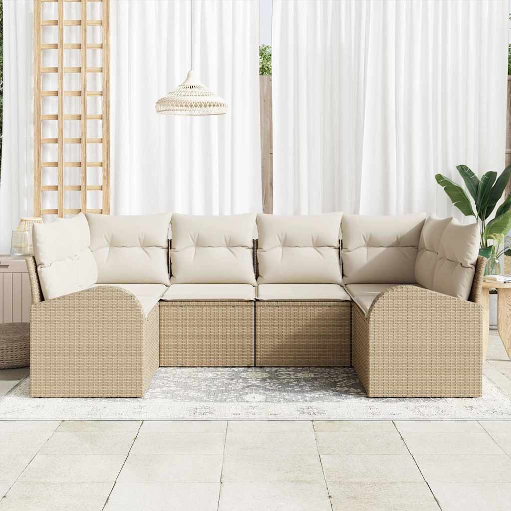 Havesofa Sæt med pude 6 pcs Beige og hvid polyrattan