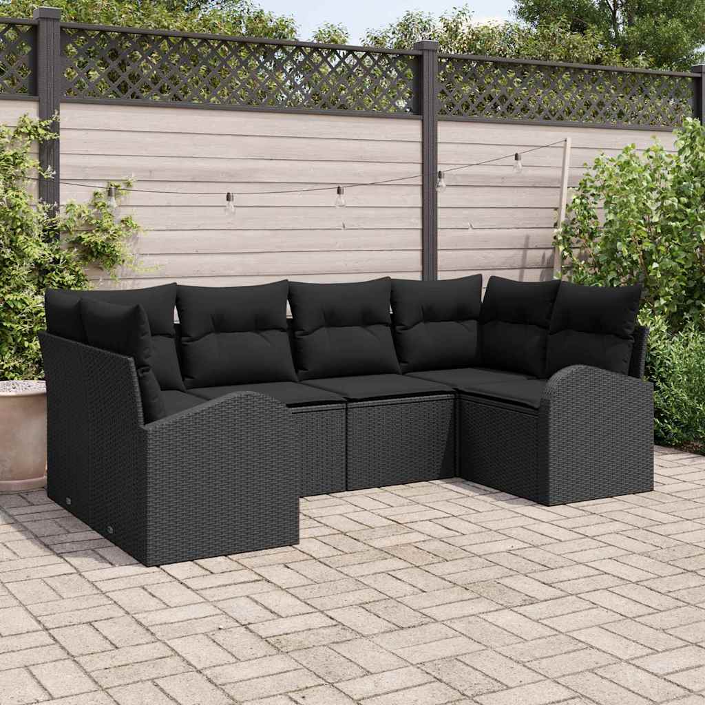 Havesofa Sæt med pude med opbevaring 6 pcs Sort polyrattan